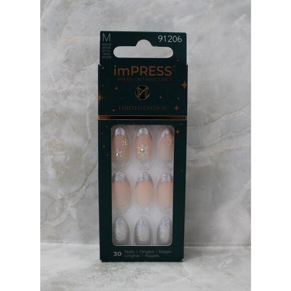 imPRESS Holiday Press-On Nails Greatest Gift Gray Medium Length Almond Shape New - Picture 2 of 7